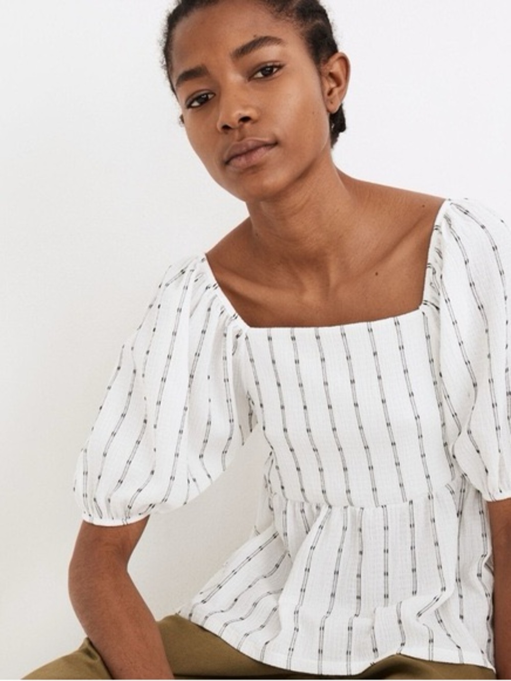 Madewell White Stripe Puff Sleeve Smocked Top - Picture 6 of 7